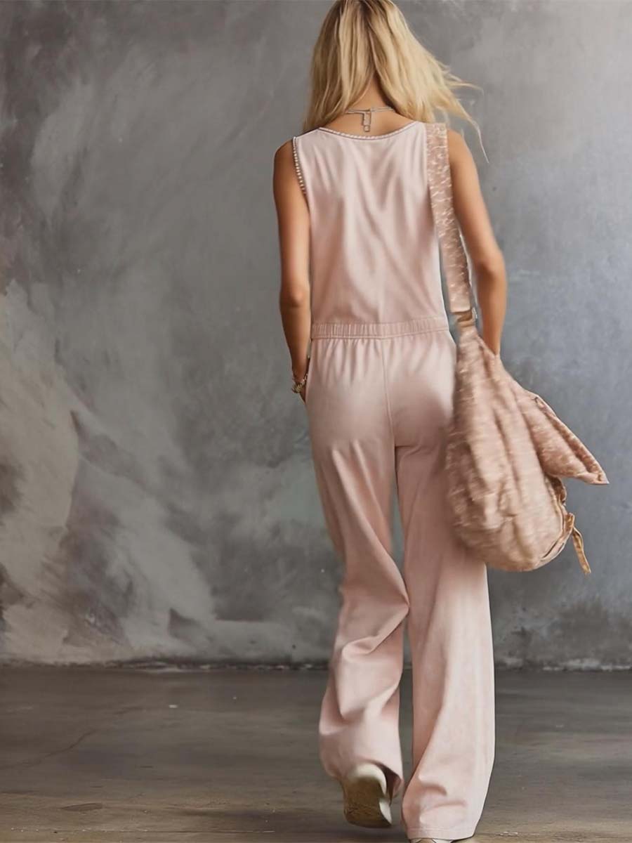 Elegant Retro Sporty V-neck Front Zipper Sleeveless Light Pink Cotton Jumpsuit