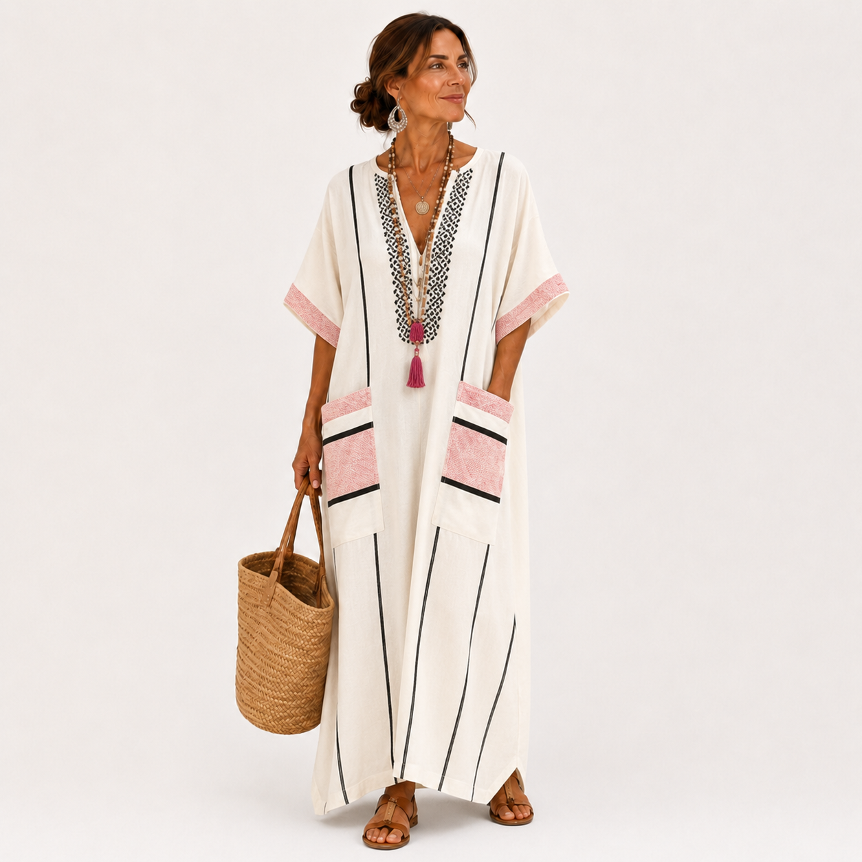 Adara | Kaftan Écru à Rayures