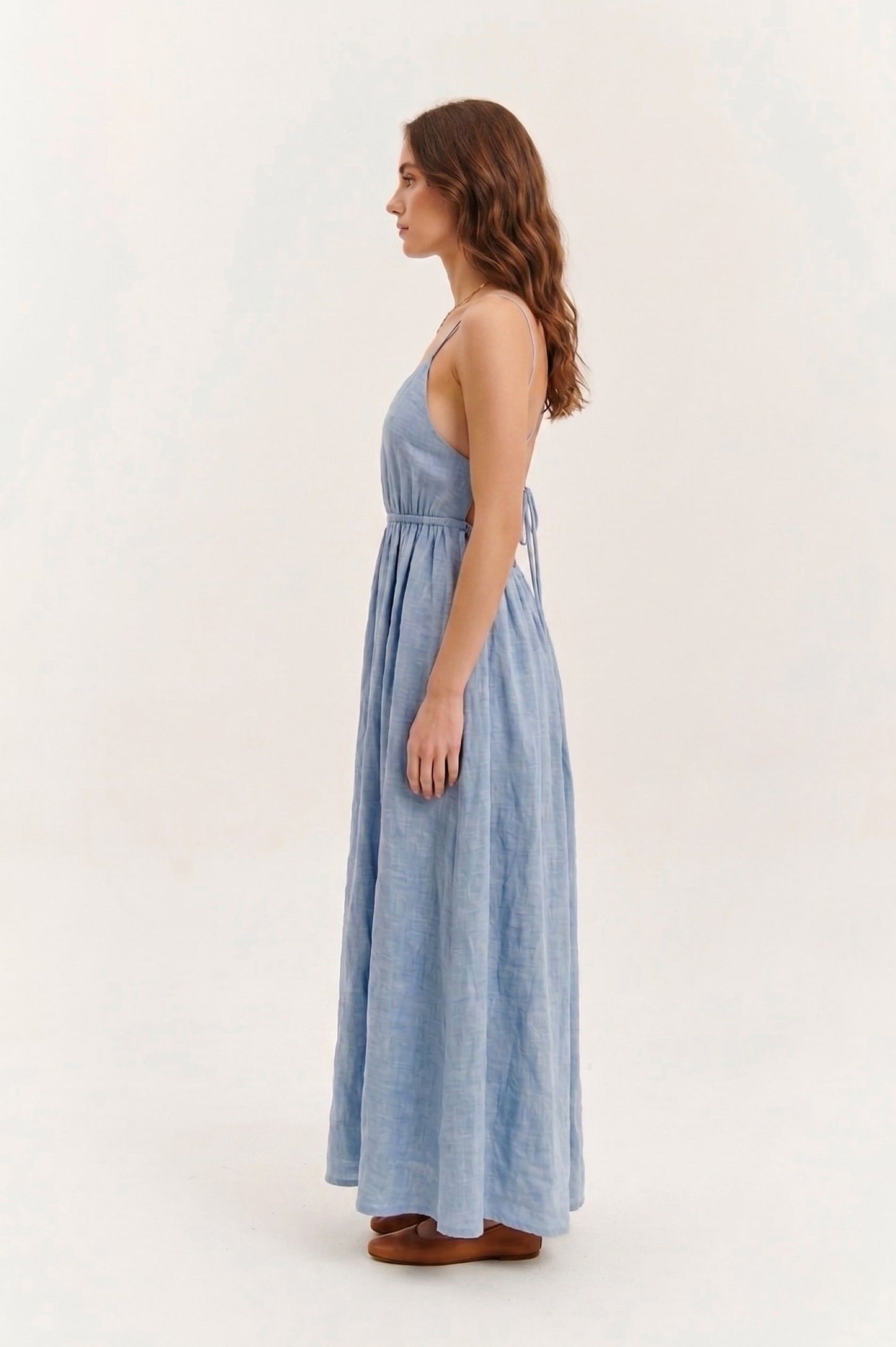 Robe Maxi "Azur" en Lin Mélangé – Dos Nu Croisé Sophistiqué