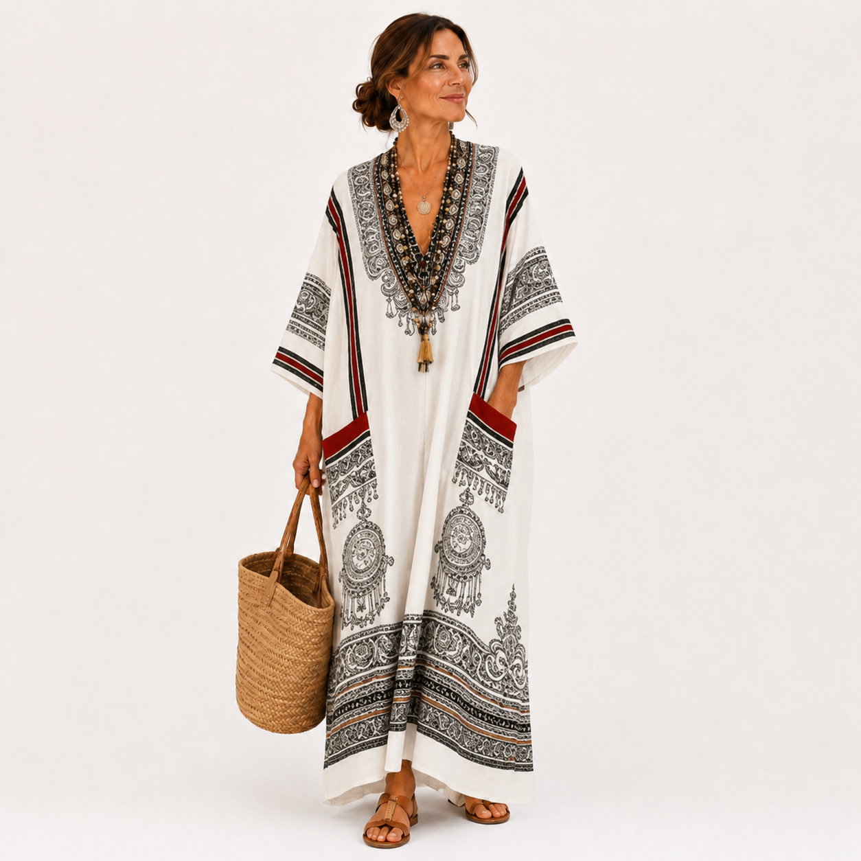 Clara | Kaftan Blanc à Imprimé Ethnique