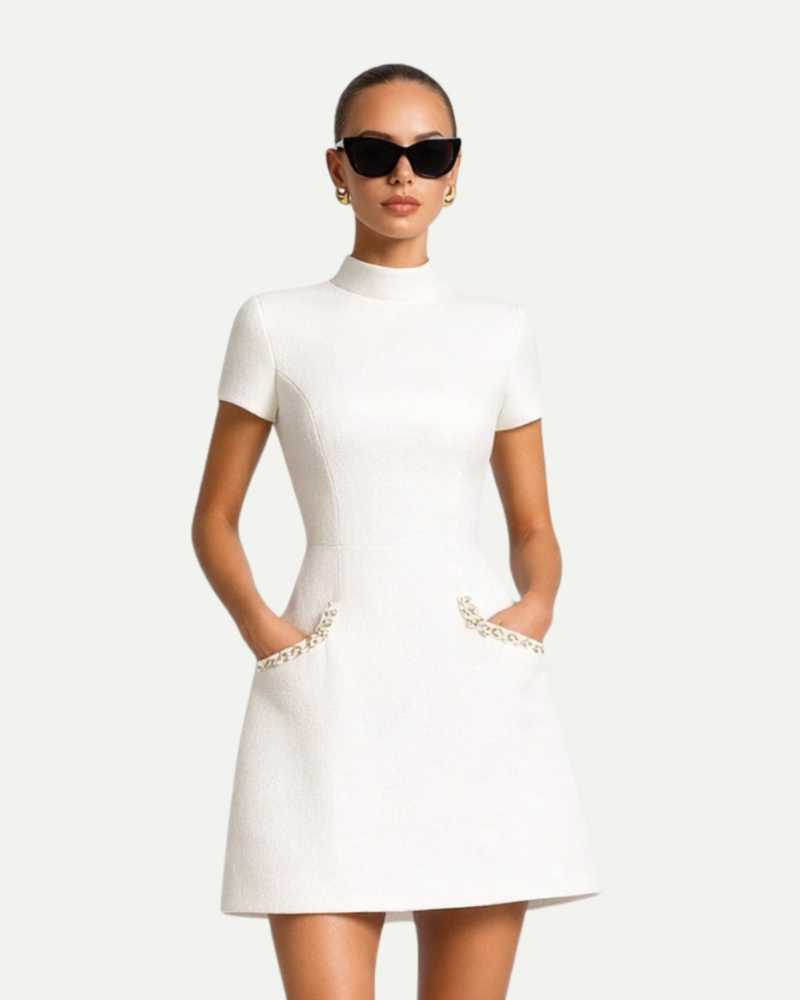Colette | Sukienka Mini z Ozdobnymi Kryształami w Stylu Tweedowym