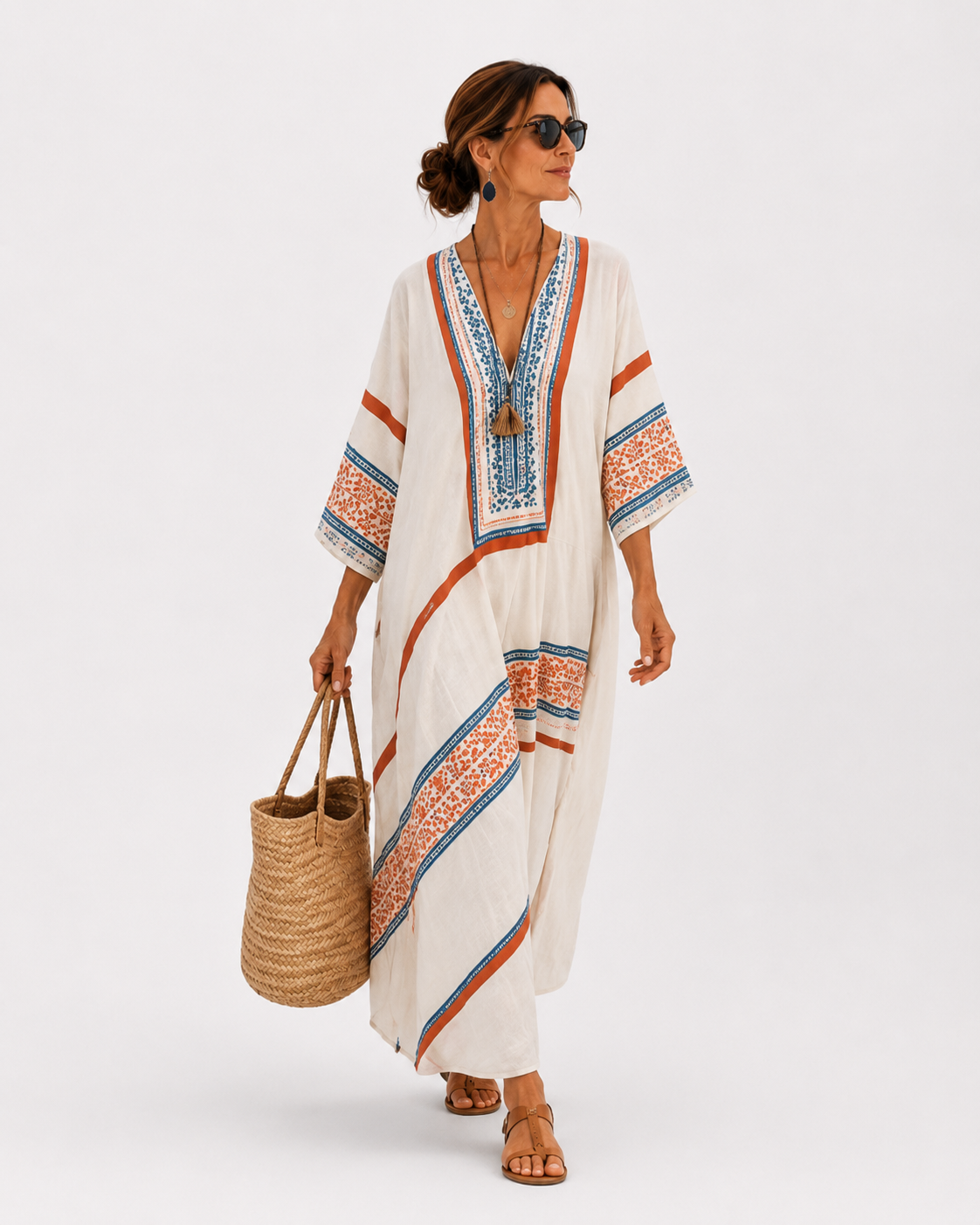 Amira | Kaftan Blanc à Imprimé Ethnique