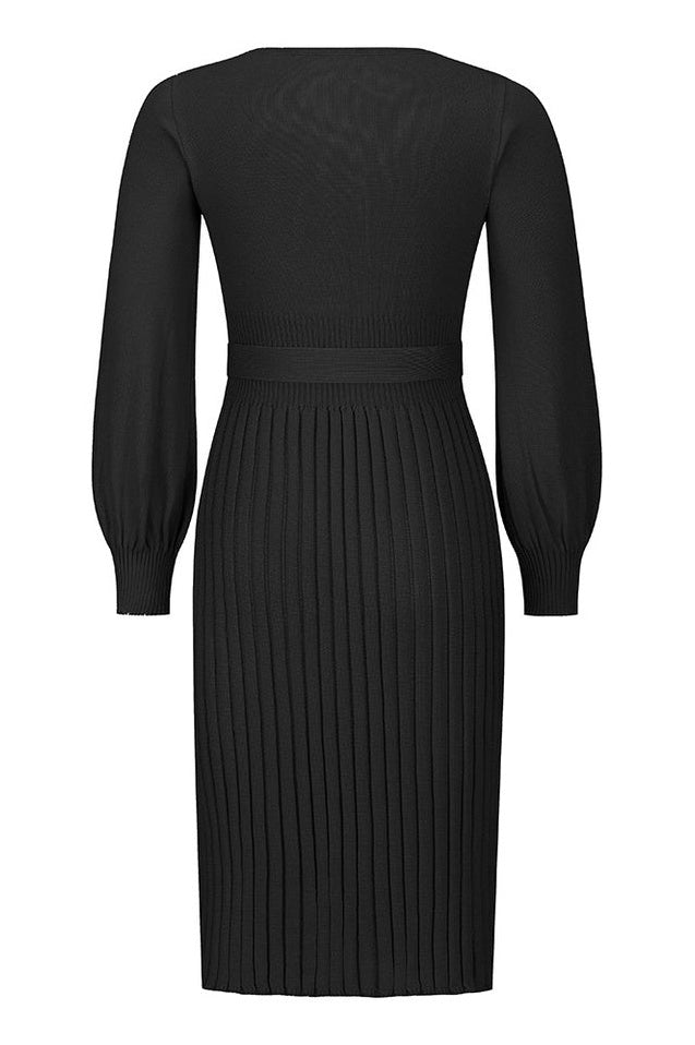 Robe Tricot Épousant à Manches Longues Brodée et Plissée