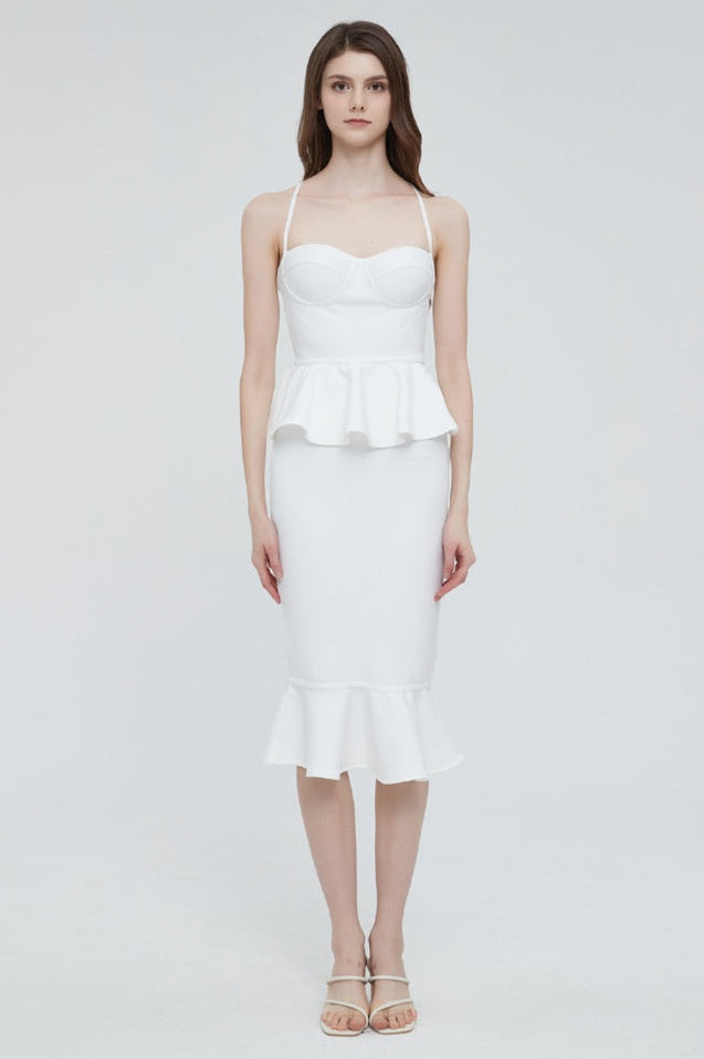 Robe Midi Bandage à Froufrous Évasée à Bretelles