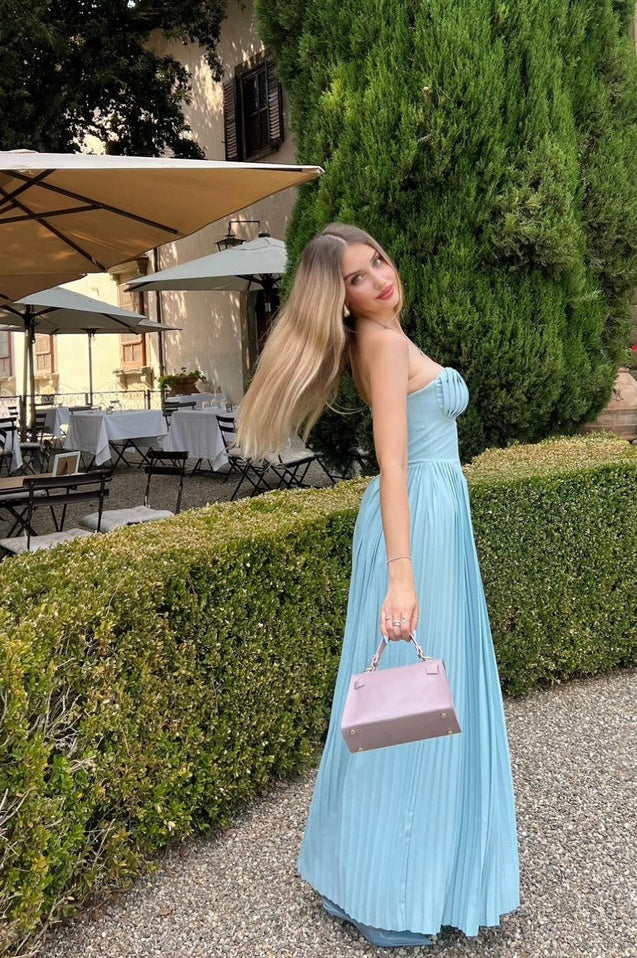 Robe Maxi Plissée Évasée de Luxe en Bleu Océan Marcella
