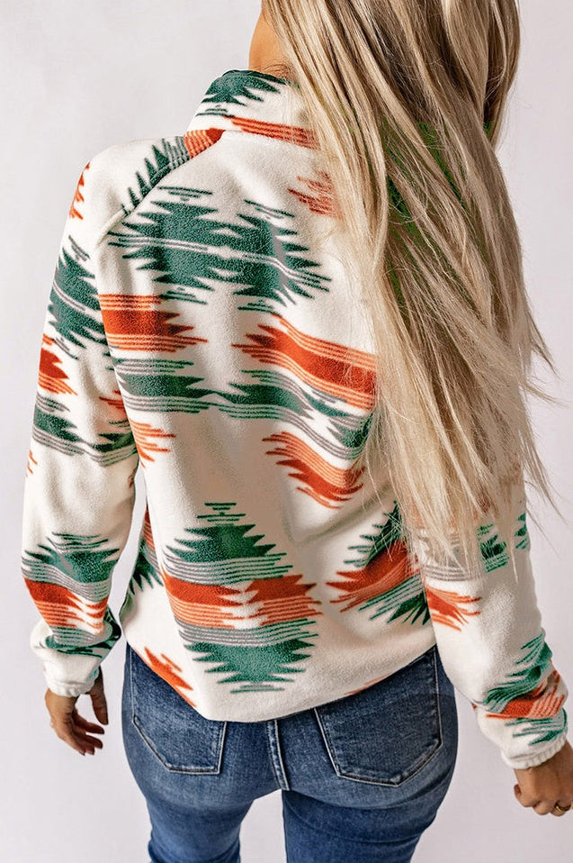 Veste en Fleece à Boutons-pression et Motif Aztèque