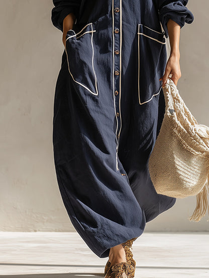 Elegant Urban-style Navy Blue Cotton And Linen Maxi Dress