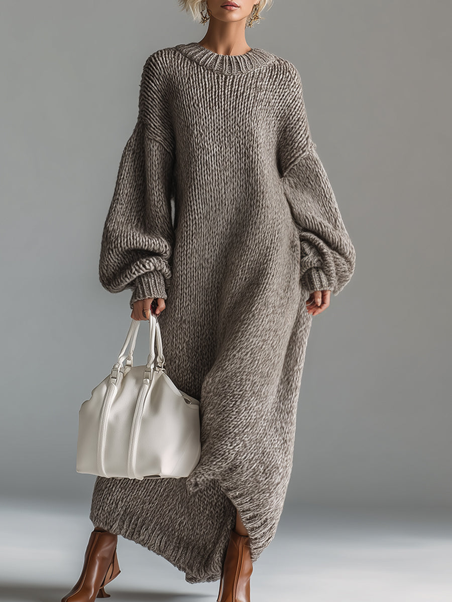 Elegant Urban Silhouette Round Neck Heathered Khaki Knitted Maxi Dress