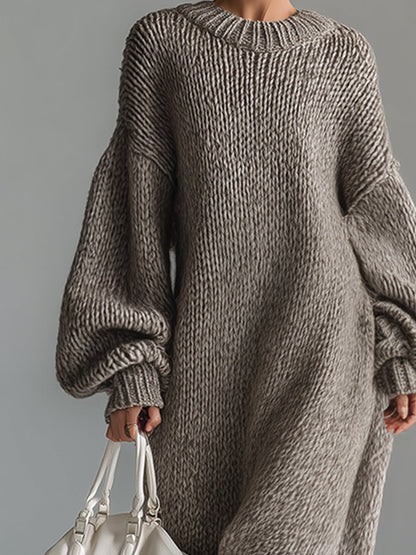 Elegant Urban Silhouette Round Neck Heathered Khaki Knitted Maxi Dress