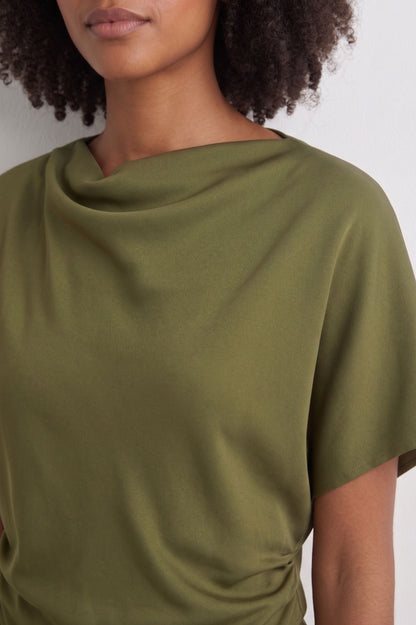 Robe Midi Drapée Asymétrique – Vert Olive