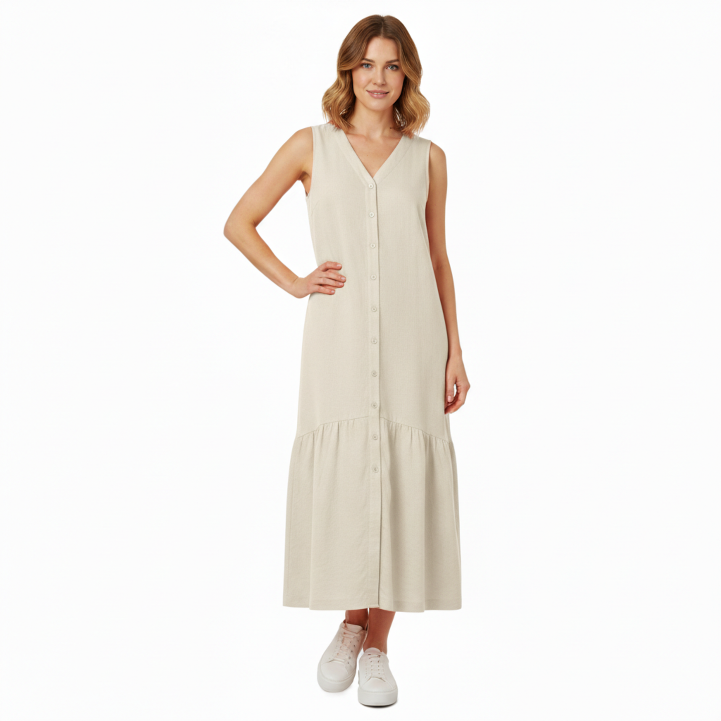 Robe midi pour femmes en coton et lin, sans manches, col en V, coupe évasée A avec poches