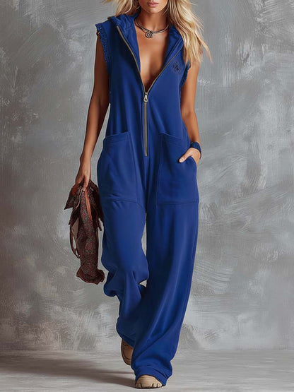 Retro Fashiona Sporty Hooded V-neck Front Zipper Raspberry Red Cotton Jumpsuit