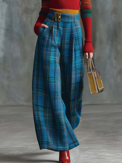 Vintage Fashion Versatile Blue Plaid Wide-leg Pants