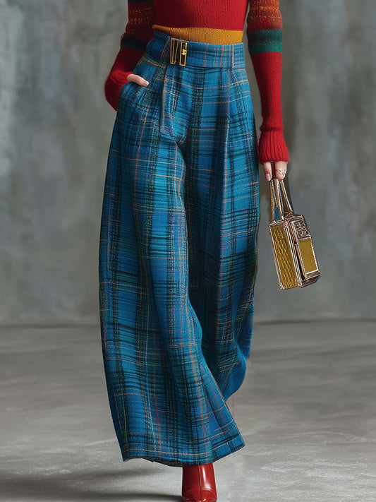 Vintage Fashion Versatile Blue Plaid Wide-leg Pants