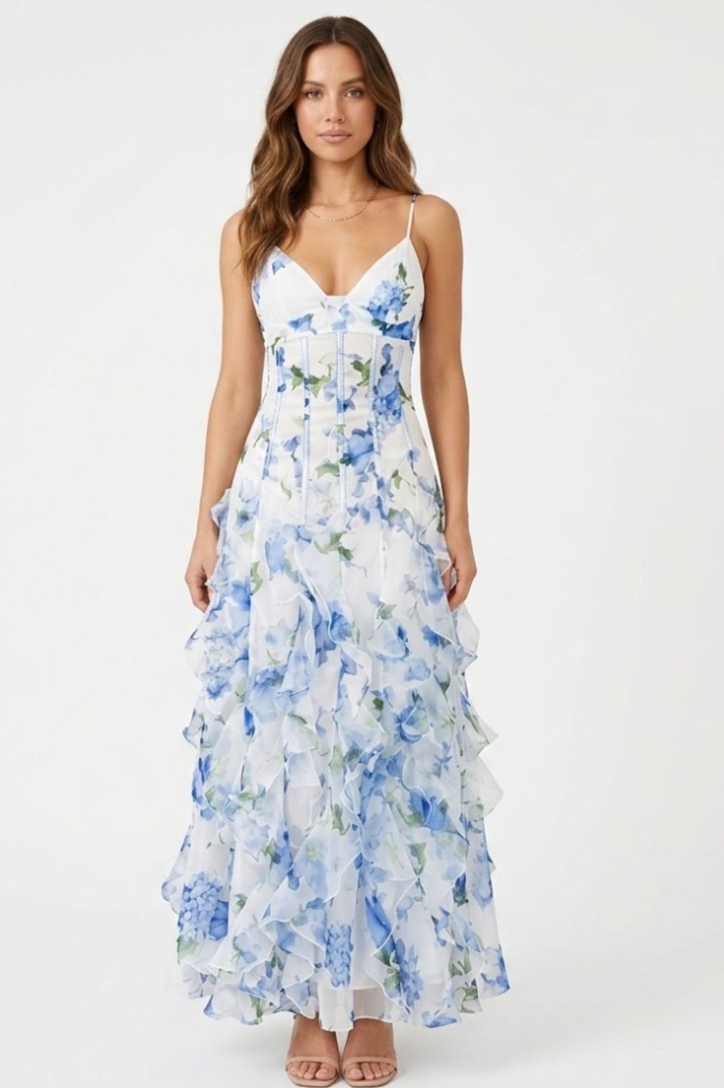 Robe Longue Fleurie à Volants avec Bustier Corset et Fines Bretelles