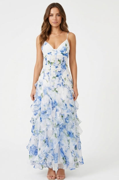 Robe Longue Fleurie à Volants avec Bustier Corset et Fines Bretelles