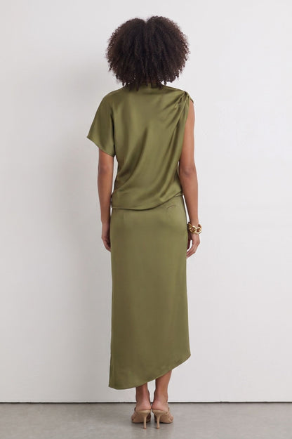 Robe Midi Drapée Asymétrique – Vert Olive