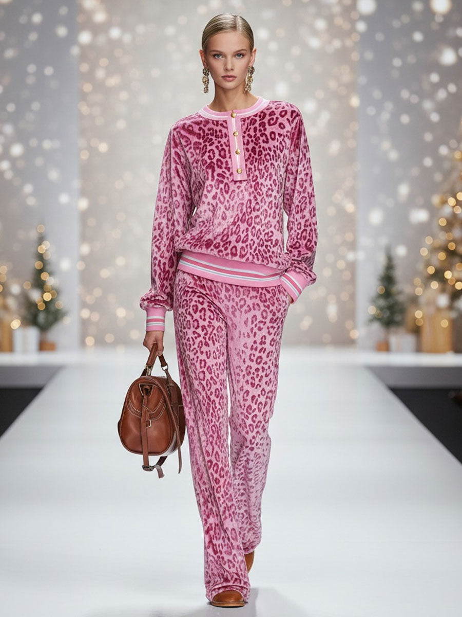 Casual Sporty Retro Pink Velvet Leopard Print Sweatshirt And Wide-Leg Pants Set