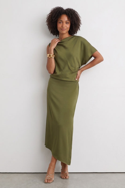 Robe Midi Drapée Asymétrique – Vert Olive