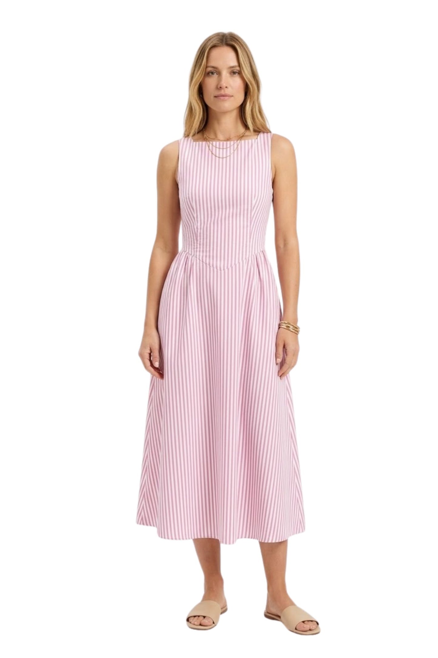 Robe Longue à Rayures Verticales sans Manches avec Col Haut pour Femmes
