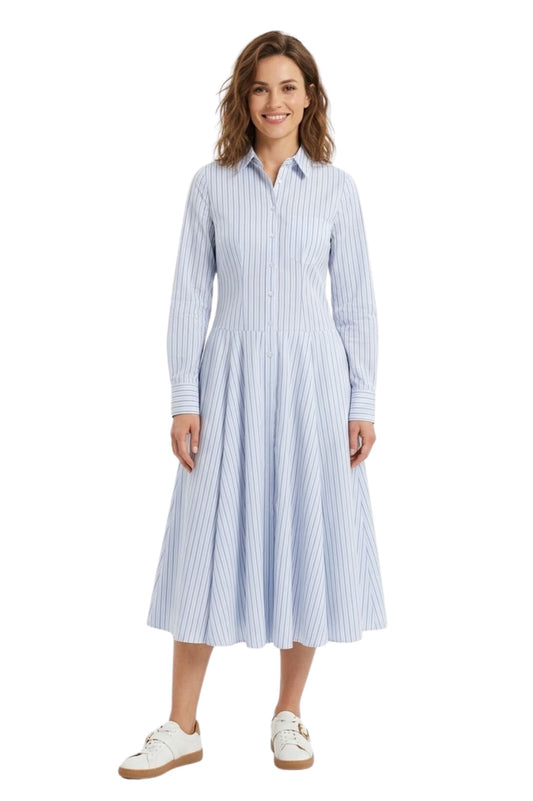 Robe Longue Rayée pour Femmes avec Col à Revers et Manches Longues Boutonnées