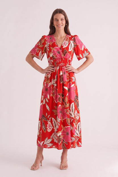 Robe Mi-Longue Rouge Florale à Col V et Taille Smockée