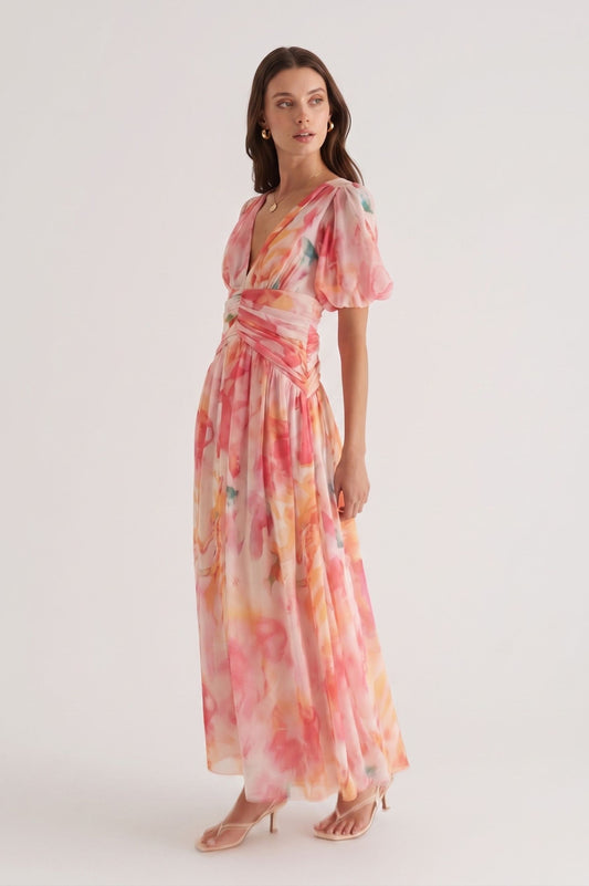 Robe Maxi "Aura Florale" en Mousseline – Rose Pastel & Corail