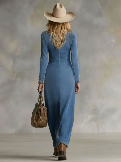 V-neck Single-breasted Side-slit Denim Long-sleeved Maxi Dress 