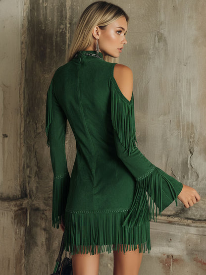 Semi-high Neck Off-the-shoulder Fringed Faux Suede Long-sleeved Mini Dress