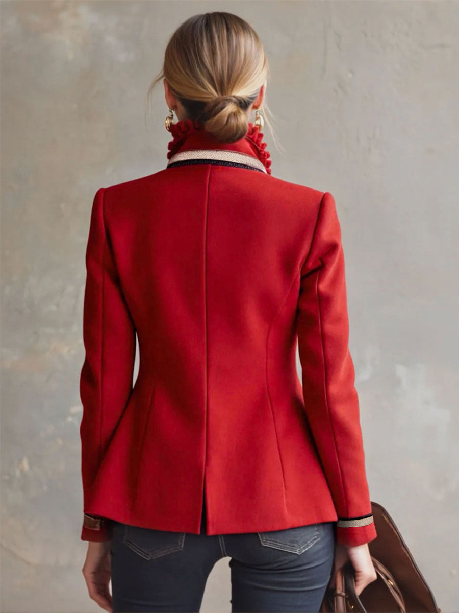 Ruffled Stand-up Collar Single-breasted Rose Embroidered Jacket