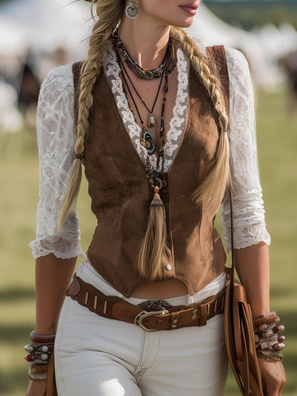 Romantic Western Style Lace Sleeves Brown Suede Shirt