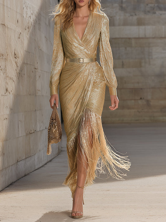 Chic And Sophisticated V-neck Tassel Champagne Shimmering Maxi Dress