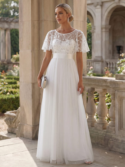 Robe longue de cérémonie à manches courtes avec broderie
