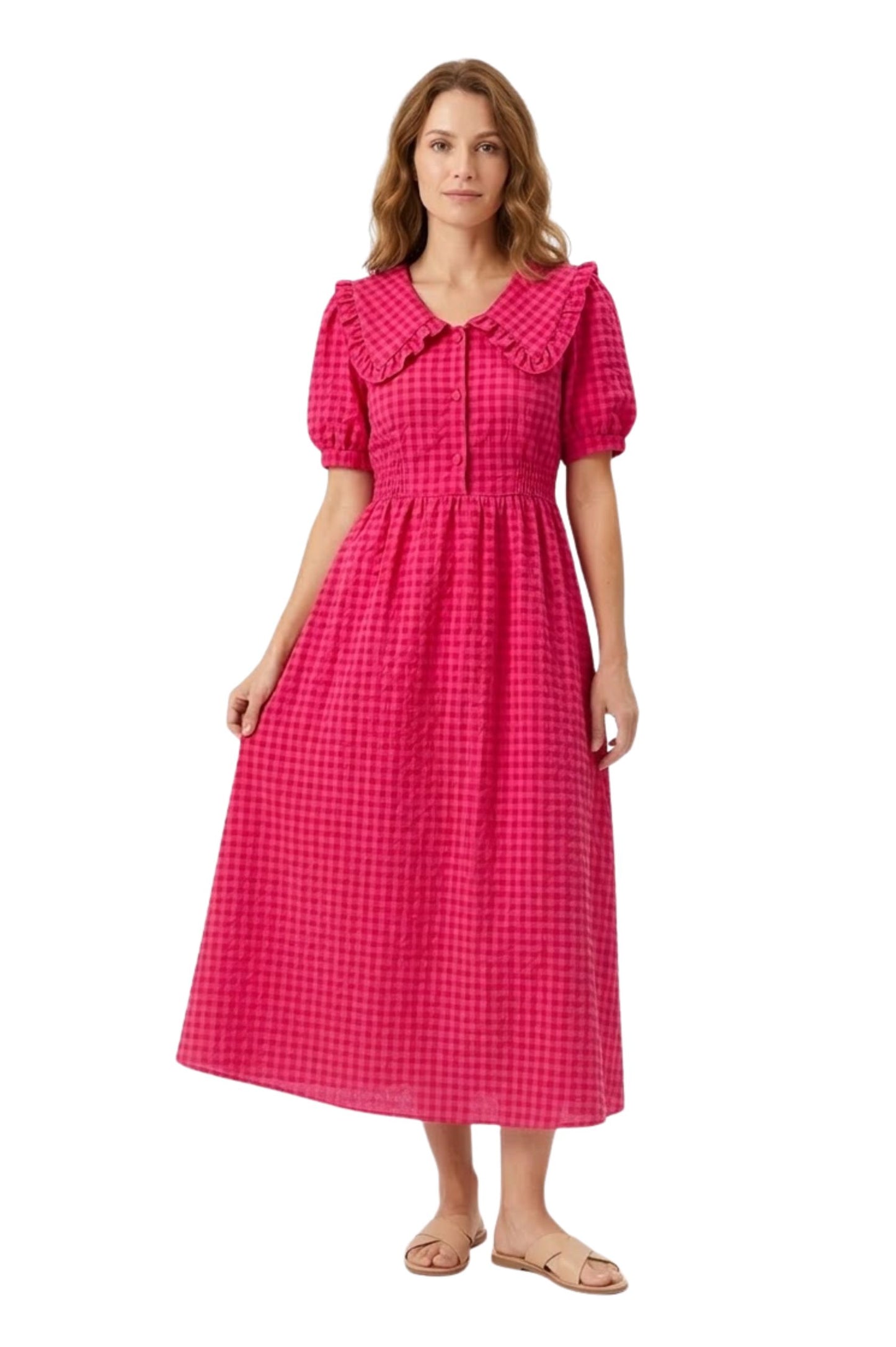 Robe Longue à Carreaux avec Col Claudine et Manches Bouffantes pour Femmes