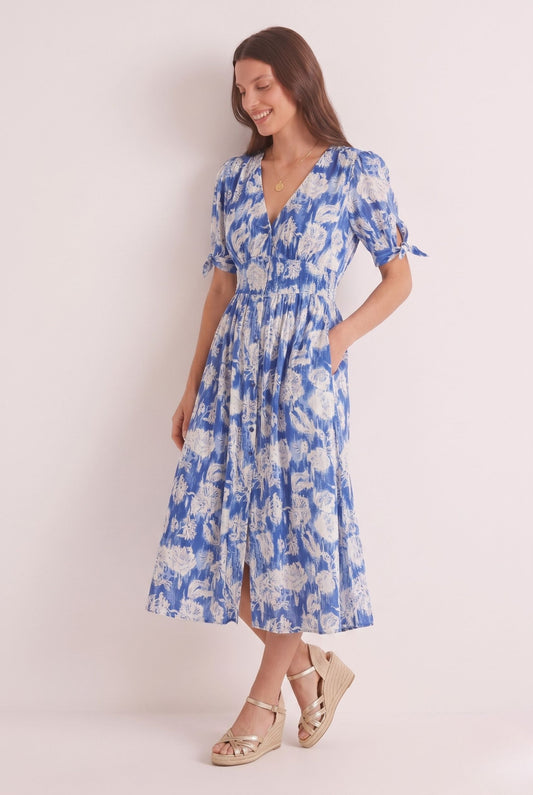 Robe Mi-Longue Bleue à Motif Floral, Boutonnée et Taille Smockée