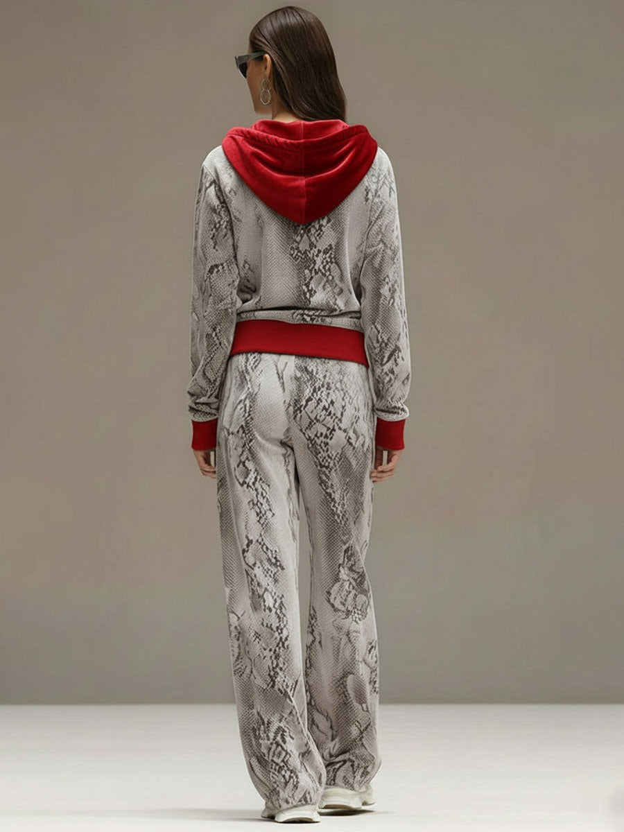 Casual Sporty Retro Snakeskin Gray Velvet Hooded Sweatshirt Wide-Leg Set 