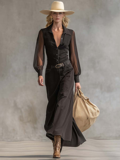 Vintage Western Front Button V-Neck Transparent Long Sleeve Black Denim Maxi Dress 