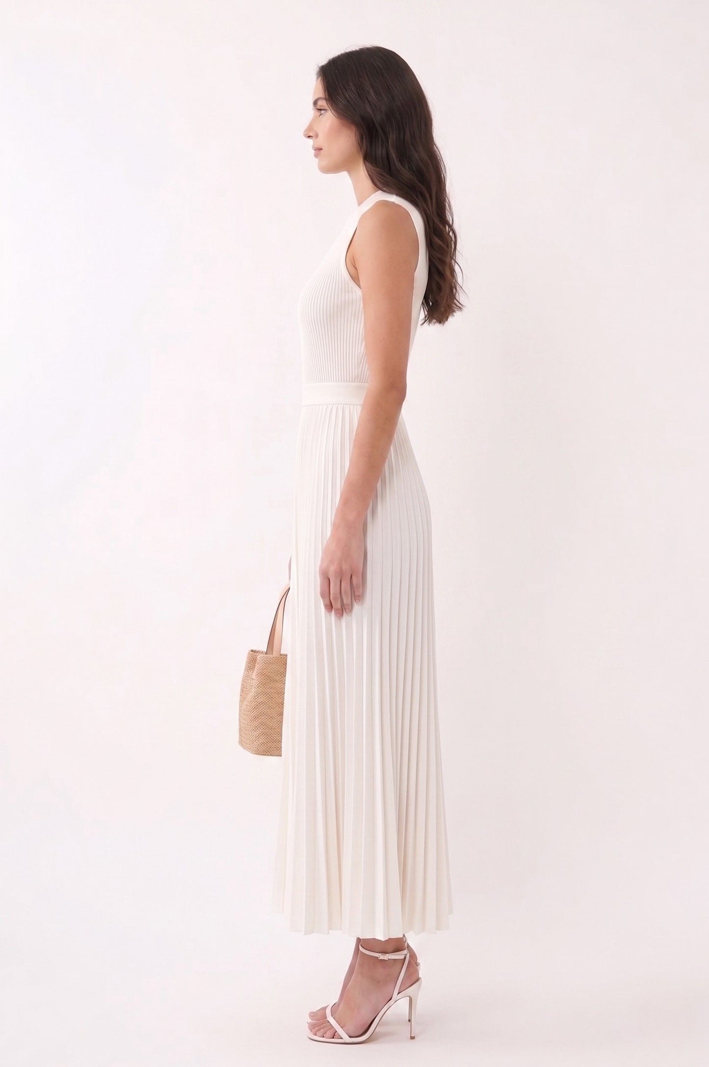 Robe Longue "Escale Parisienne" – Maille Nervurée & Jupe Plissée