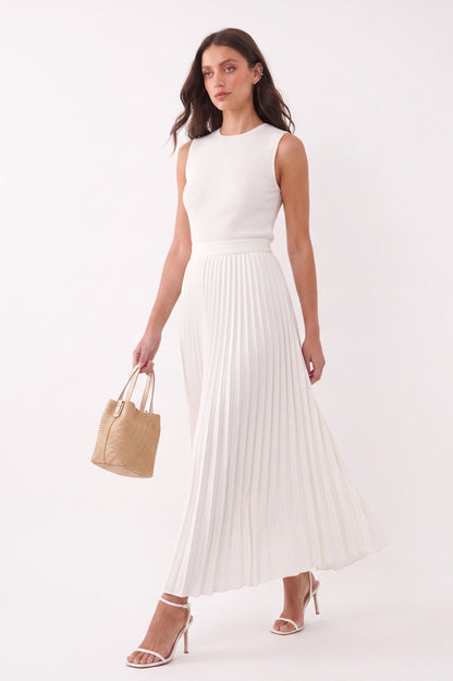 Robe Longue "Escale Parisienne" – Maille Nervurée & Jupe Plissée