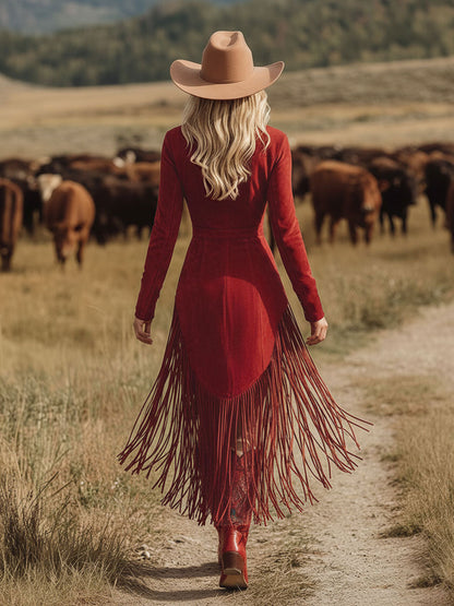 Western Style Vintage Embroidered Red Fringed Faux Suede Midi Dress