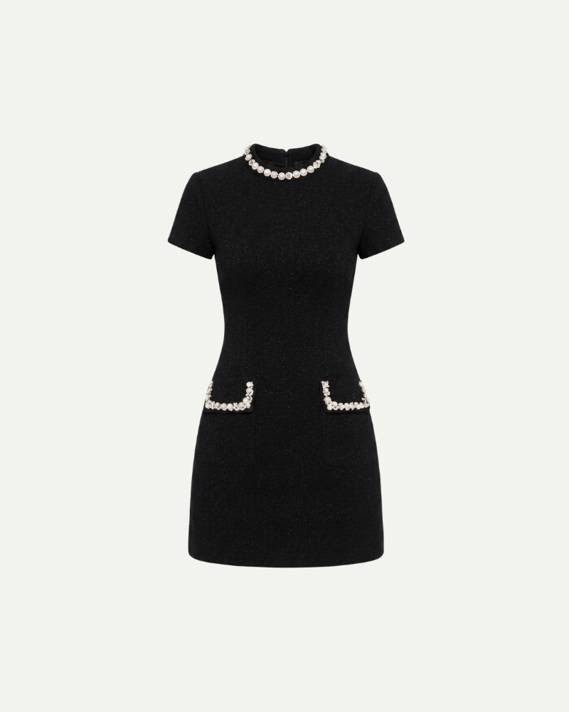 Colette | Sukienka Mini z Ozdobnymi Kryształami w Stylu Tweedowym
