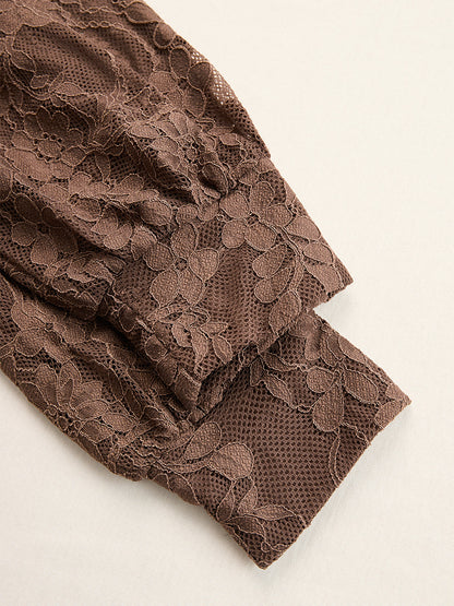 Elegant Brown Lace Front Slit Long Sleeve Maxi Dress