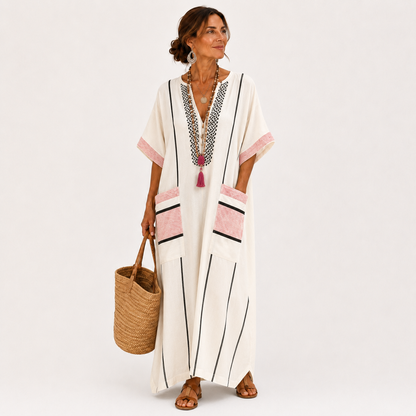 Adara | Caftan Écru à Rayures