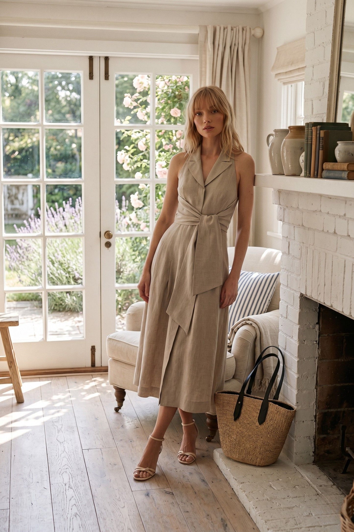 Robe Midi en Lin "Riviera" – Col Tailleur & Dos Nu Raffiné