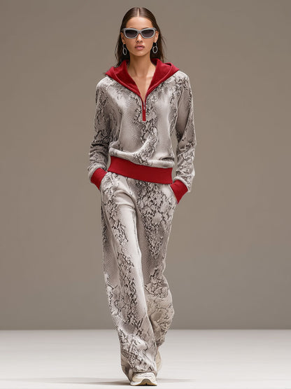 Casual Sporty Retro Snakeskin Gray Velvet Hooded Sweatshirt Wide-Leg Set 