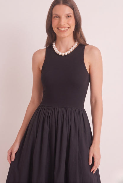 Robe Longue Noire Chic Bi-Matière à Encolure Haute