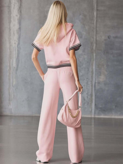 Elegant Fashion Sporty Hooded Front Zipper Short-sleeved Pink Cotton Top And Pants Set