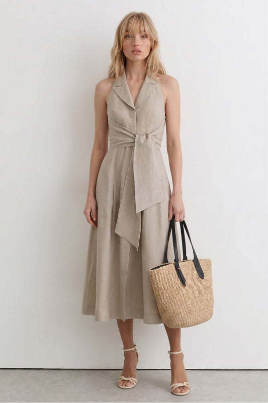 Robe Midi en Lin "Riviera" – Col Tailleur & Dos Nu Raffiné