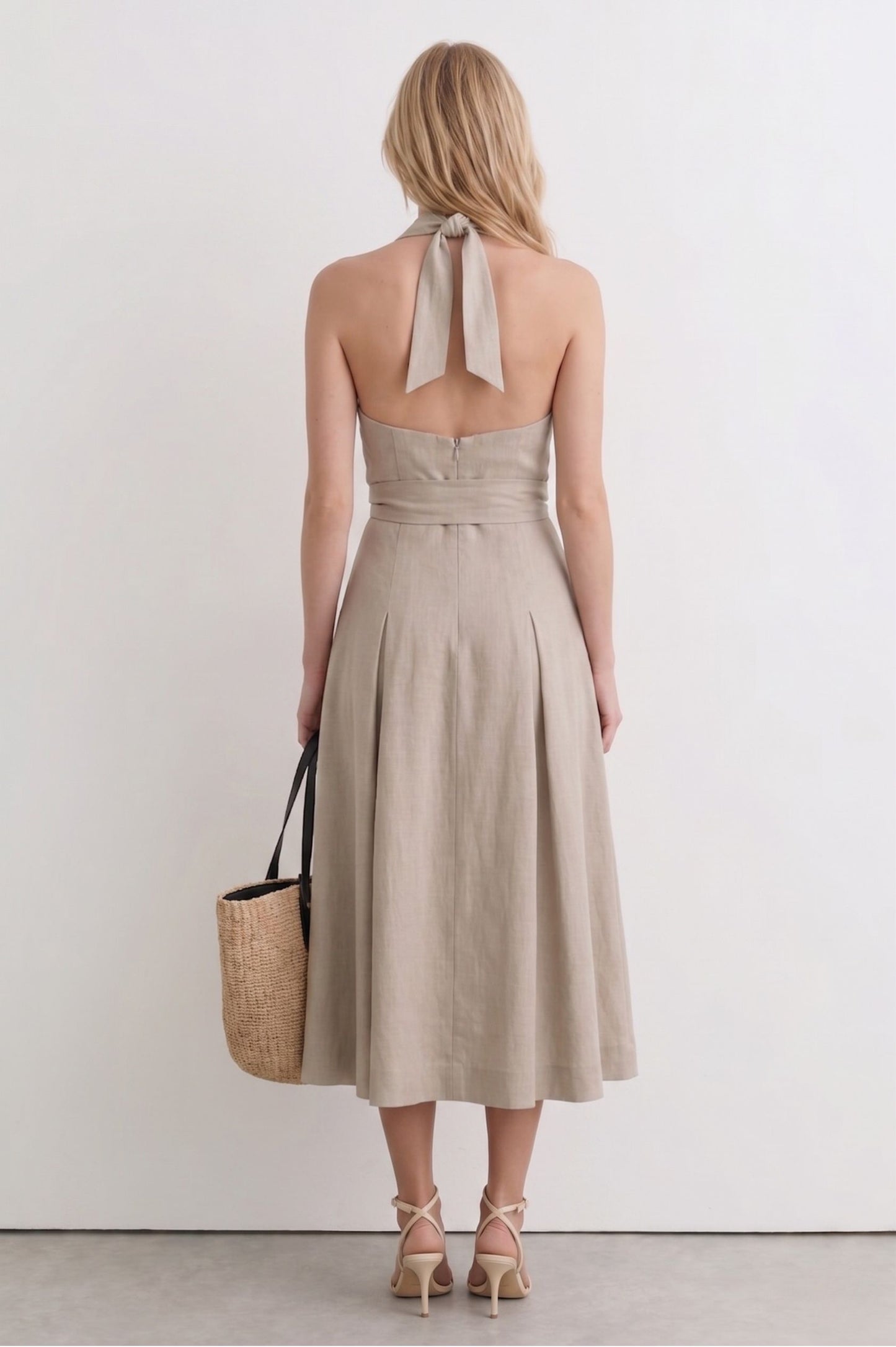 Robe Midi en Lin "Riviera" – Col Tailleur & Dos Nu Raffiné