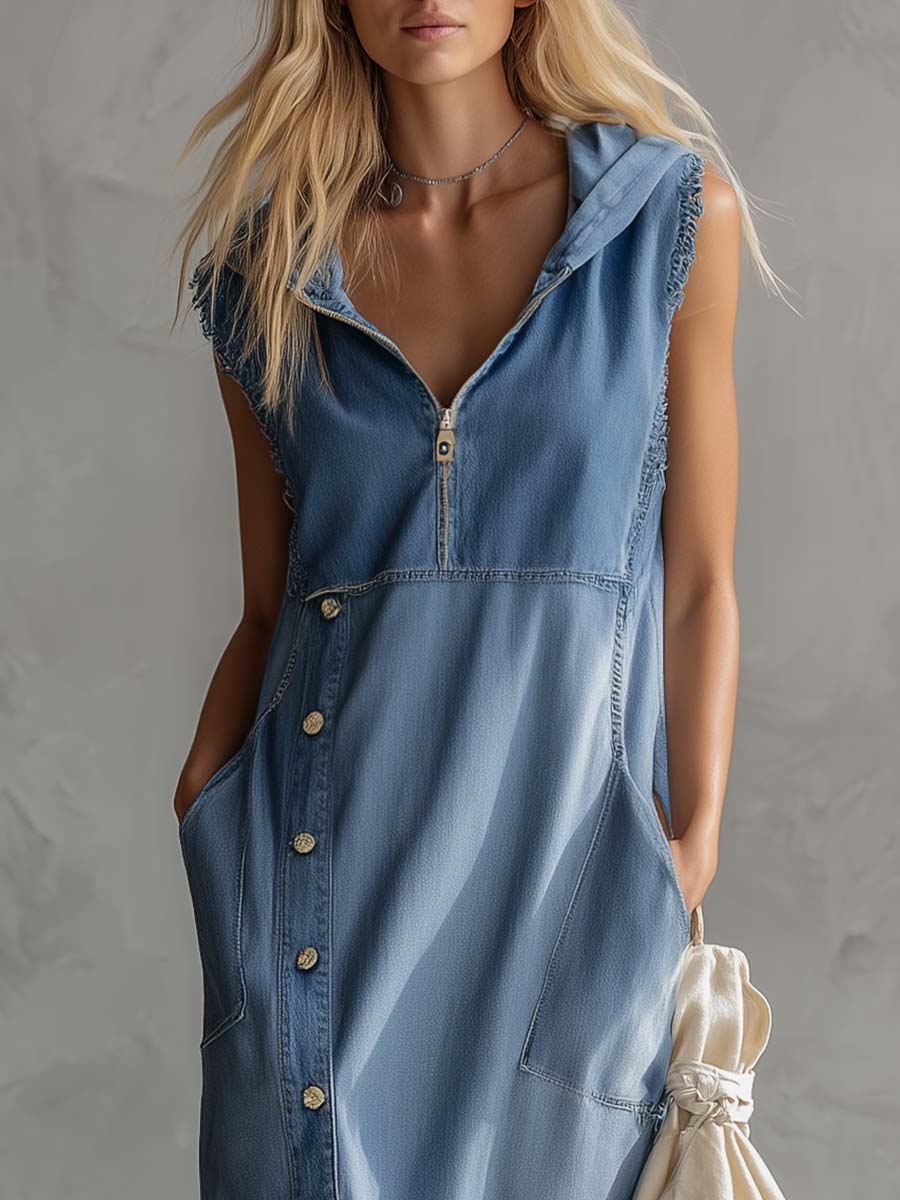 Exquisite Vintage Casual Hooded V-neck Zipper Side Slits Buttons Blue Denim Midi Dress